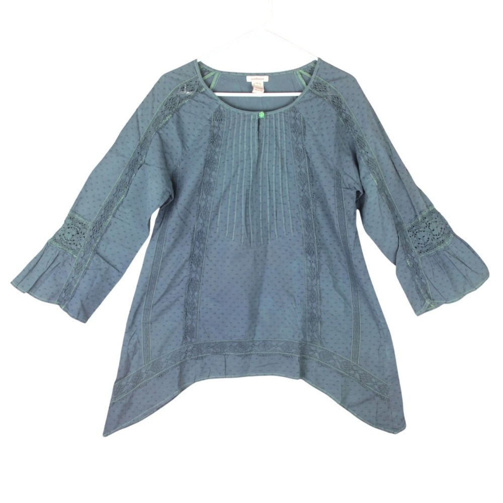 Sundance Embroidered Women Blouse Top Size L Blue Cottagecore Boho 3/4 Sleeves